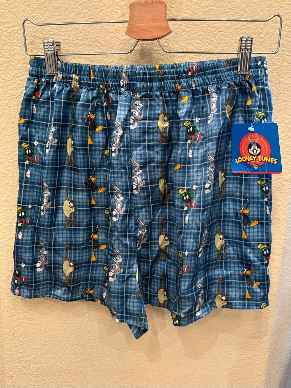 NWT~Vtg 2001 Looney Tunes Blue Plaid 100% Silk Boxer Shorts Size Medium